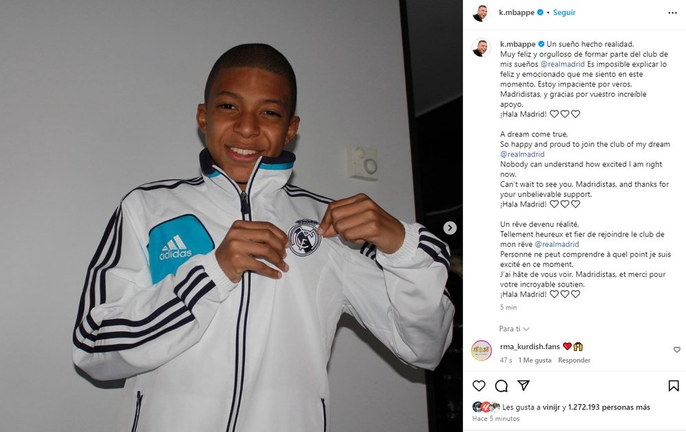 As primeiras palavras de Mbappé como jogador do Real Madrid. Instagram/k.mbappe