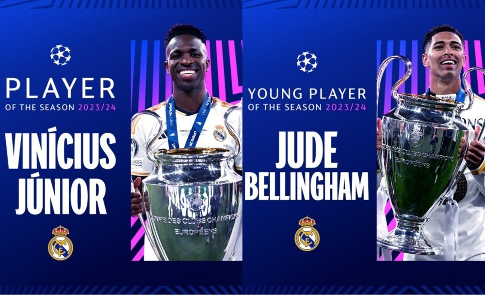 Vinicius, melhor jogador da temporada e Bellingham, o melhor jovem jogador. UEFA