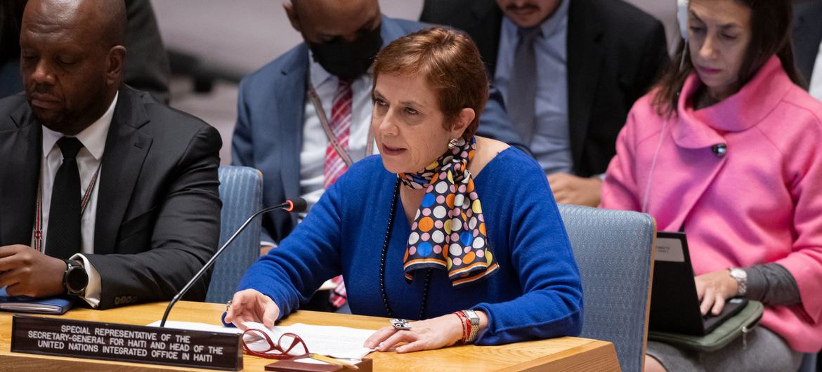 María Isabel Salvador, representante especial do secretário-geral para o Haiti e chefe do Escritório Integrado da ONU no Haiti, informa a reunião do Conselho de Segurança sobre o país