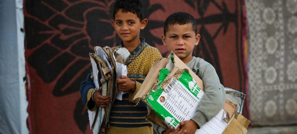 Crianças em Gaza coletam papelão para acender fogueiras para cozinhar.