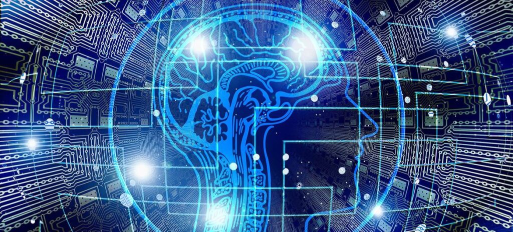 Visualização de Inteligência Artificial combinando um esquema do cérebro humano com uma placa de circuito