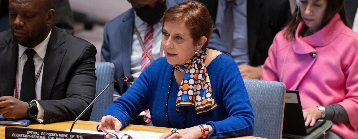 María Isabel Salvador, representante especial do secretário-geral para o Haiti e chefe do Escritório Integrado da ONU no Haiti, informa a reunião do Conselho de Segurança sobre o país