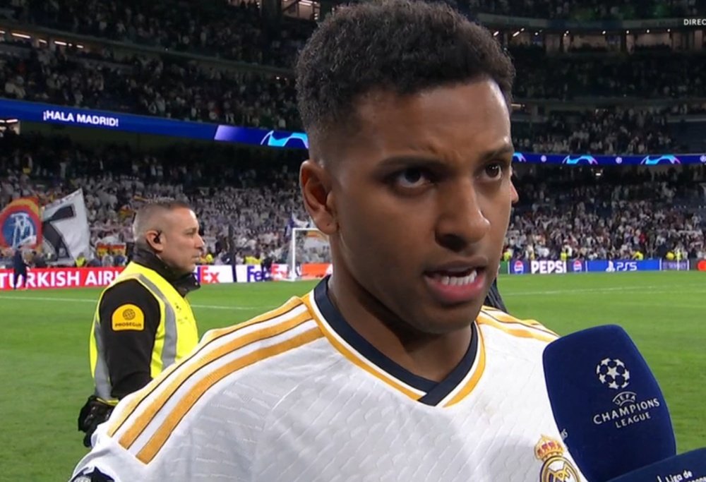 O jogador do Real Madrid, Rodrygo Goes, falou com a imprensa. Captura/MovistarLigadeCampeones